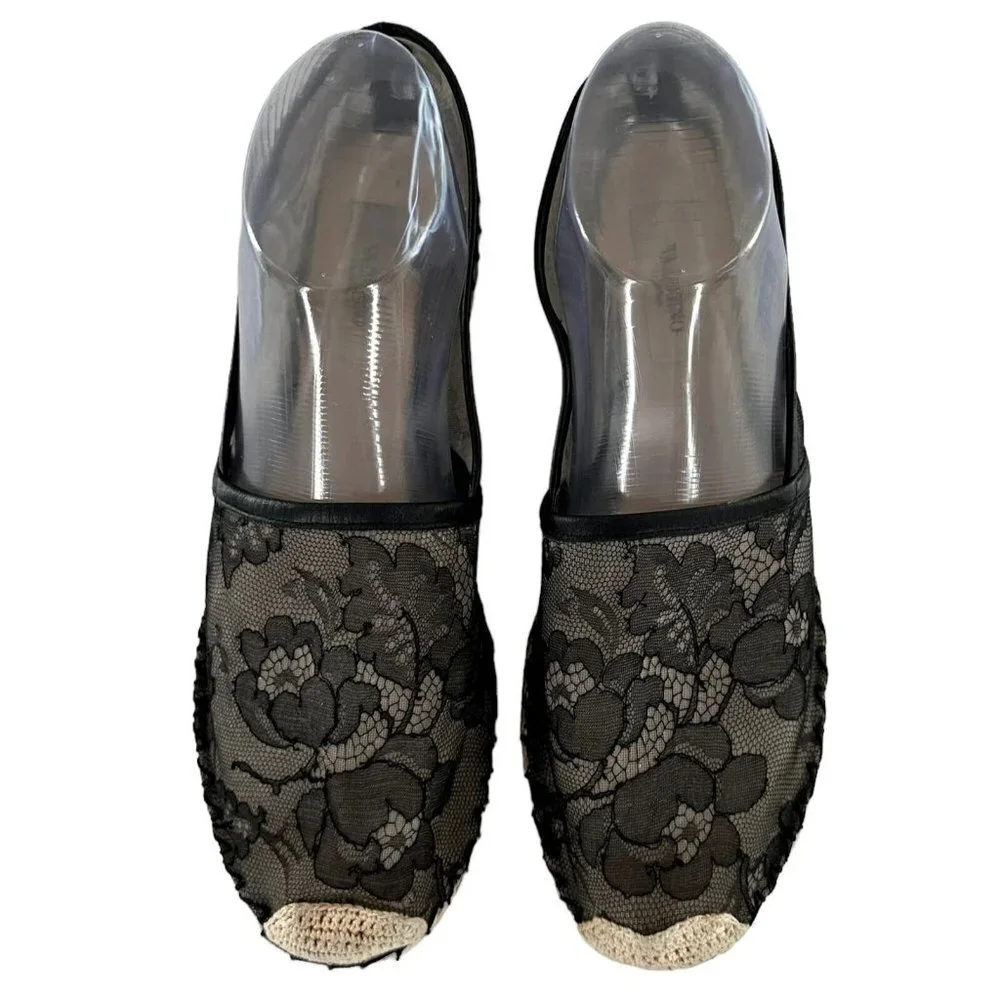 Valentino Garavani Black Lace Espadrille Loafers Flats Size 38